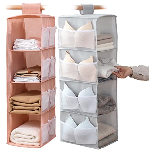 AARAINBOW 2 Packs Hanging Closet Organizer with 4 Shelf Wardrobe Clothes Organizer with 12 Side Pockets, Collapsible Hanging Storage for Sweater Pants Bra Socks (Gray Pink)