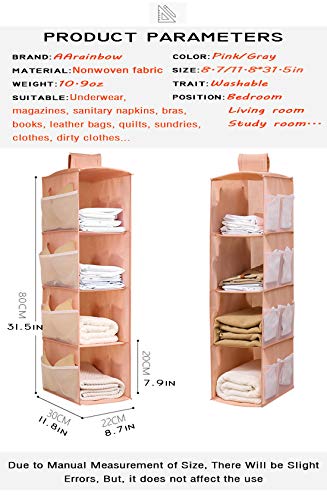 AARAINBOW 2 Packs Hanging Closet Organizer with 4 Shelf Wardrobe Clothes Organizer with 12 Side Pockets, Collapsible Hanging Storage for Sweater Pants Bra Socks (Gray Pink)