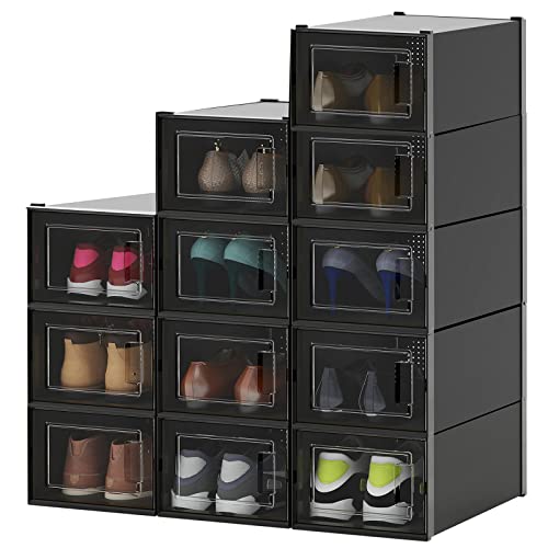 mupera Black Shoe Storage Box - 12 Pack Upgrade X-Large Stackable Plastic Shoe Organizers Boxes, Clear Shoe Storage Bin with Lid, Foldable Shoe Container Box for Sneaker Display, Fit up to US Size 14