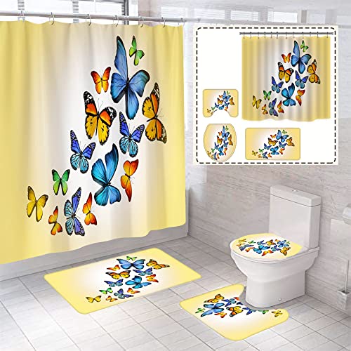 Annkoifu Shower Curtain Set, Butterfly Bathroom Accessories, 4 Piece Bathroom Decor Sets with Rugs and Waterproof Shower Curtains, 12 Hooks, Abstract