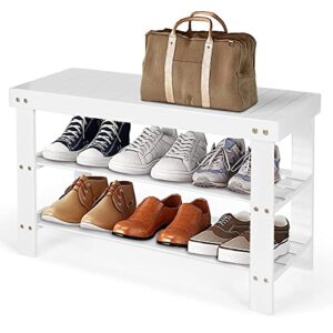 safeplus 3-tier bamboo shoe rack bench, entryway shoe organizer, storage shelf for shoes, slippers, holds up to 220lbs for hallway bathroom living room balcony