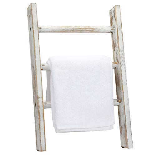 MyGift 16 Inch Rustic Whitewashed Wood Countertop Kitchen Towel Ladder with 3 Rungs, Farmhouse Bathroom Hand Towel Holder Rack