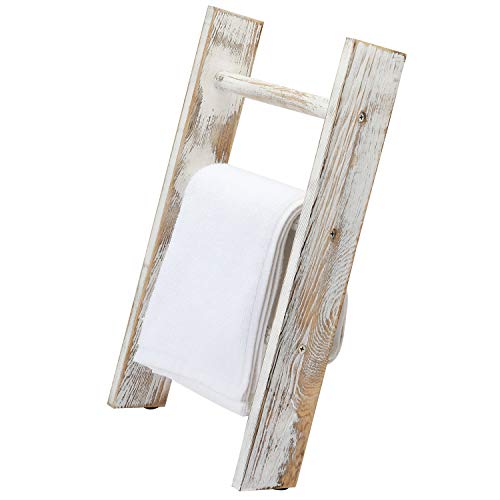 MyGift 16 Inch Rustic Whitewashed Wood Countertop Kitchen Towel Ladder with 3 Rungs, Farmhouse Bathroom Hand Towel Holder Rack