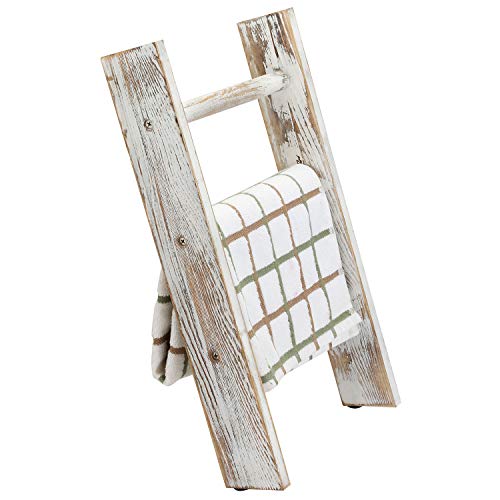 MyGift 16 Inch Rustic Whitewashed Wood Countertop Kitchen Towel Ladder with 3 Rungs, Farmhouse Bathroom Hand Towel Holder Rack