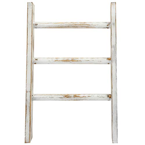 MyGift 16 Inch Rustic Whitewashed Wood Countertop Kitchen Towel Ladder with 3 Rungs, Farmhouse Bathroom Hand Towel Holder Rack