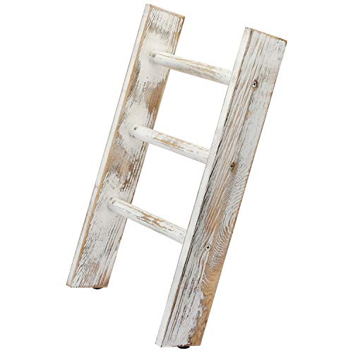 MyGift 16 Inch Rustic Whitewashed Wood Countertop Kitchen Towel Ladder with 3 Rungs, Farmhouse Bathroom Hand Towel Holder Rack