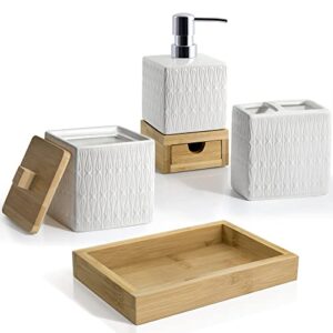 allure home creation kismet 4-piece white ceramic with bamboo bathroom countertop accessory set, white and natural