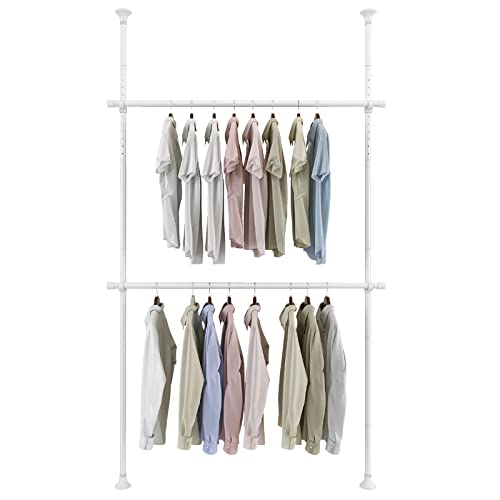 YeYeBest Clothes Rack, 2 Tier Closet Organizers And Storage Free Standing Closet Ceiling Link Floor Hanger for Hanging Clothes Adjustable Floor to Ceiling for Bedroom Laundry Room