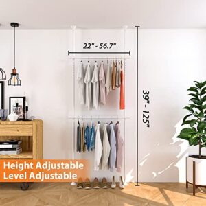 YeYeBest Clothes Rack, 2 Tier Closet Organizers And Storage Free Standing Closet Ceiling Link Floor Hanger for Hanging Clothes Adjustable Floor to Ceiling for Bedroom Laundry Room