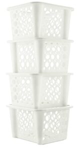 organize your home small stackable white storage containers with open tops, 4 pack, great organizing bins for kitchen pantry, closet, bedroom, and bathroom storage, 10” x 8.9” x 6.1”