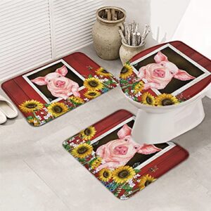 3 pieces bath rugs sets farm red barn pink pig yellow sunflowers soft non-slip absorbent toilet seat cover u-shaped toilet mat for bathroom decor cute animals