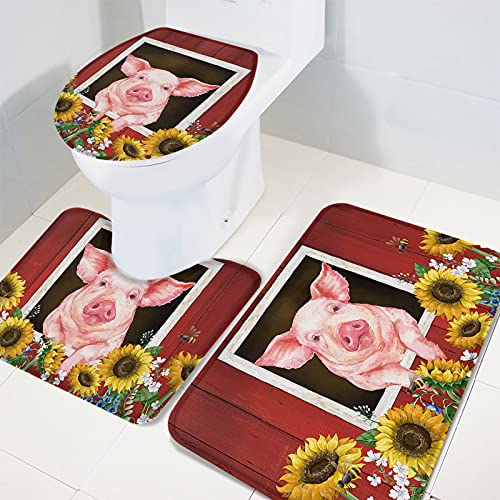 3 Pieces Bath Rugs Sets Farm Red Barn Pink Pig Yellow Sunflowers Soft Non-Slip Absorbent Toilet Seat Cover U-Shaped Toilet Mat for Bathroom Decor Cute Animals