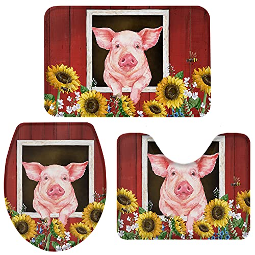 3 Pieces Bath Rugs Sets Farm Red Barn Pink Pig Yellow Sunflowers Soft Non-Slip Absorbent Toilet Seat Cover U-Shaped Toilet Mat for Bathroom Decor Cute Animals