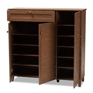 Baxton Studio Coolidge Modern and Contemporary Walnut Finished 11-Shelf Wood Shoe Storage Cabinet with Drawer