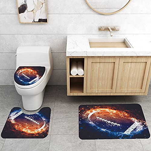 Jayden Madge 4PCS/Set Burning American Football Shower Curtain, Ice and Fire Championship Cool Sports Bathroom Decor for Men, Waterproof Fabric Black Shower Curtain, Non-Slip Bath Rugs, Flaming Ball