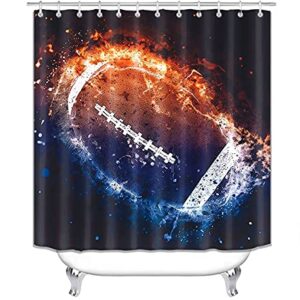 Jayden Madge 4PCS/Set Burning American Football Shower Curtain, Ice and Fire Championship Cool Sports Bathroom Decor for Men, Waterproof Fabric Black Shower Curtain, Non-Slip Bath Rugs, Flaming Ball