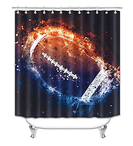 Jayden Madge 4PCS/Set Burning American Football Shower Curtain, Ice and Fire Championship Cool Sports Bathroom Decor for Men, Waterproof Fabric Black Shower Curtain, Non-Slip Bath Rugs, Flaming Ball