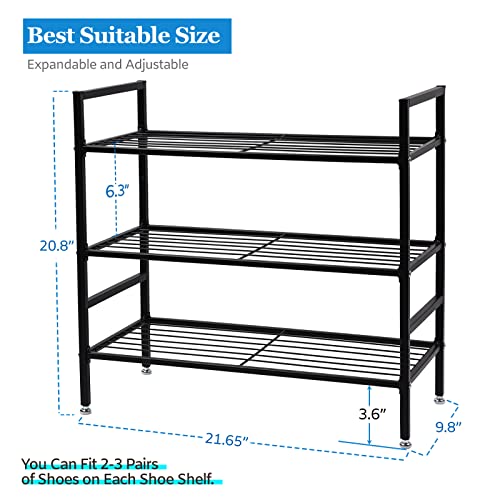 AmtoPm 3-Tier Metal Shoe Rack, Closet Shoe Racks Organizer, Black Closet Shoe Rack Storage Stable Stackable Shoe Rack for Entryway, Closet, Hallway