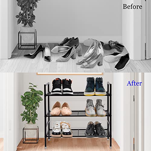 AmtoPm 3-Tier Metal Shoe Rack, Closet Shoe Racks Organizer, Black Closet Shoe Rack Storage Stable Stackable Shoe Rack for Entryway, Closet, Hallway