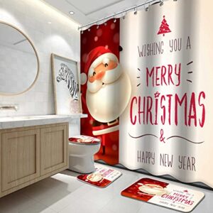 Christmas Shower Curtain Set 4PC with Christmas Shower Curtain with Toilet Lid Cover and Bath Mat, Santa Claus with Big Signboard Christmas Bathroom Set Winter Holiday Home Decor