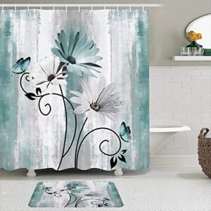jismuci 2pcs spring daisy shower curtain set farm teal white floral flowers and butterfly on country wooden with non-slip rugs bathroom mats and 12 hooks,durable waterproof bath curtains 72" x 72"