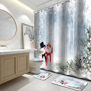 christmas shower curtain set 4pc with christmas shower curtain with toilet lid cover and bath mat, christmas still life decoration with snowman christmas bathroom set winter holiday home decor