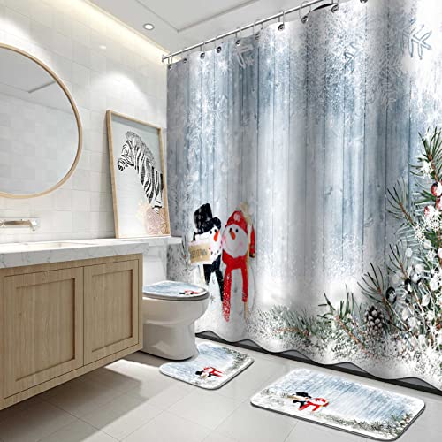 Christmas Shower Curtain Set 4PC with Christmas Shower Curtain with Toilet Lid Cover and Bath Mat, Christmas Still Life Decoration with Snowman Christmas Bathroom Set Winter Holiday Home Decor