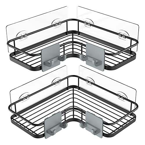 Nieifi Corner Shower Caddy Shelf Organizer Shelves Basket with Hooks, Bathroom Adhesive Shampoo Holder 2 Pack, No Drilling No Rust Black