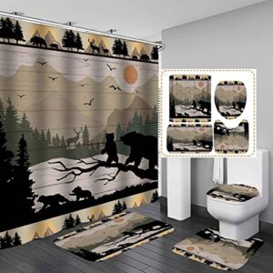 Dia Magico 4PCS Black Bear Shower Curtain Set with Rugs, Sun Mountain Birds Deer Elk Moose Wildlife Hunting Cabin Lodge Pine Tree Woodland Country Rustic Farmhouse Bathroom Decor, Mother Bear & Cubs