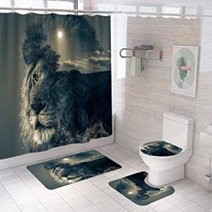 4pcs grey lion shower curtain set with non-slip rugs and toilet lid cover animal theme king fabric shower curtain bathroom decor with hooks waterproof washable 72" x 72''