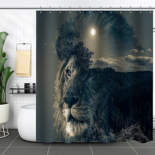 4Pcs Grey Lion Shower Curtain Set with Non-Slip Rugs and Toilet Lid Cover Animal Theme King Fabric Shower Curtain Bathroom Decor with Hooks Waterproof Washable 72" x 72''