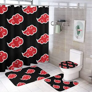 4 piece anime shower curtain set, bathroom decor sets with waterproof shower curtain, non-slip soft flannel rugs, toilet lid cover, bath mat and 12 hooks (70.9 x 70.9 inch)