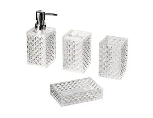 4 piece square plastic bathroom accessories set, clear diamond pattern bathroom accessories soap dispenser, toothbrush holder, tumbler and soap dish.