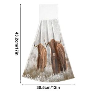 Kcldeci Winter Furry Scottish Highland Cow Hanging Hand Towels with Hanging Loop Bathroom Hand Towels Soft Thick Dish Cloth Hand Dry Towels Hand Towels for Kitchen Bathroom Hanging 2Pack