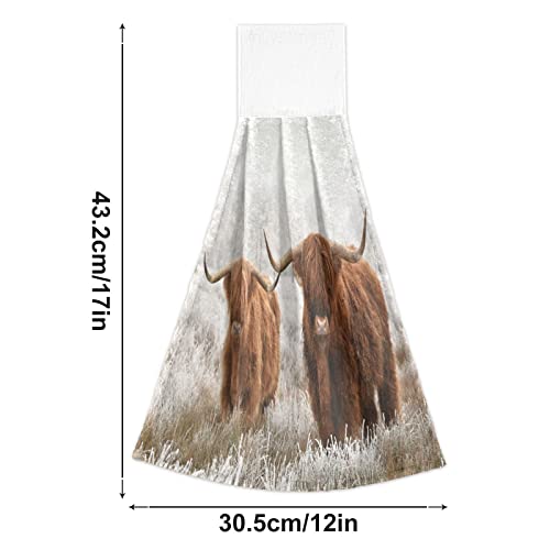 Kcldeci Winter Furry Scottish Highland Cow Hanging Hand Towels with Hanging Loop Bathroom Hand Towels Soft Thick Dish Cloth Hand Dry Towels Hand Towels for Kitchen Bathroom Hanging 2Pack