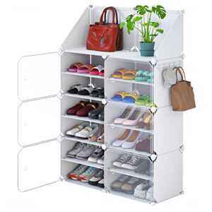 nihome stackable shoe organizer with doors - holds 24 pairs, expandable closet shoe rack, plastic cabinet with free-standing design for home, office and garage storage (white)