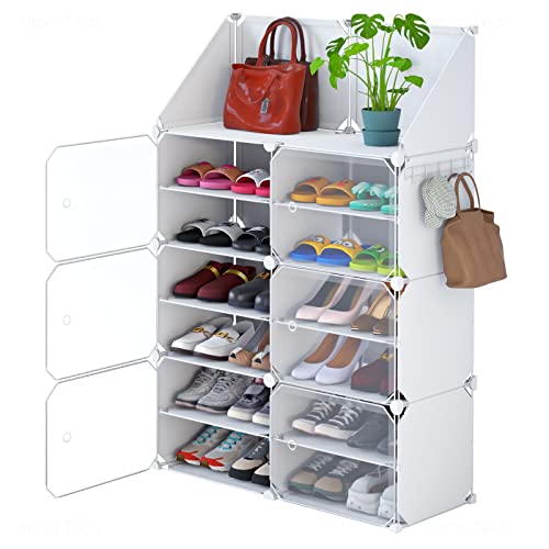 NiHome Stackable Shoe Organizer with Doors - Holds 24 Pairs, Expandable Closet Shoe Rack, Plastic Cabinet with Free-Standing Design for Home, Office and Garage Storage (White)