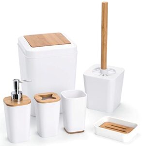 kralix white bathroom accessories set, 6 piece complete bamboo bathroom set with toothbrush holder and cup, soap dish and dispenser, trash can, toilet brush, white bathroom set accesorios para baños