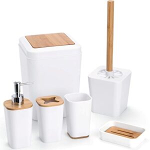 KRALIX White Bathroom Accessories Set, 6 Piece Complete Bamboo Bathroom Set with Toothbrush Holder and Cup, Soap Dish and Dispenser, Trash Can, Toilet Brush, White Bathroom Set Accesorios para Baños