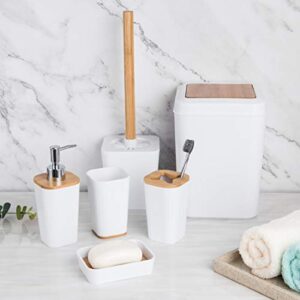 KRALIX White Bathroom Accessories Set, 6 Piece Complete Bamboo Bathroom Set with Toothbrush Holder and Cup, Soap Dish and Dispenser, Trash Can, Toilet Brush, White Bathroom Set Accesorios para Baños