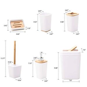 KRALIX White Bathroom Accessories Set, 6 Piece Complete Bamboo Bathroom Set with Toothbrush Holder and Cup, Soap Dish and Dispenser, Trash Can, Toilet Brush, White Bathroom Set Accesorios para Baños