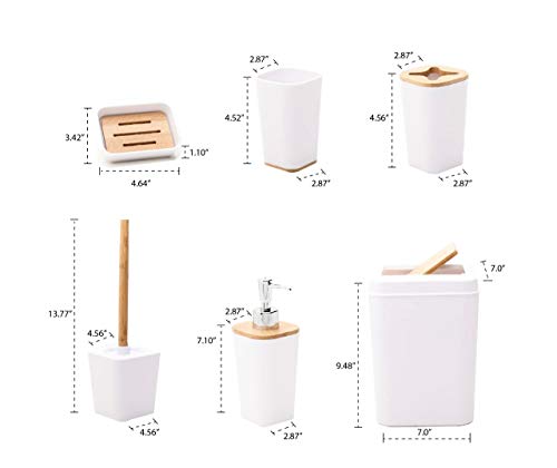 KRALIX White Bathroom Accessories Set, 6 Piece Complete Bamboo Bathroom Set with Toothbrush Holder and Cup, Soap Dish and Dispenser, Trash Can, Toilet Brush, White Bathroom Set Accesorios para Baños