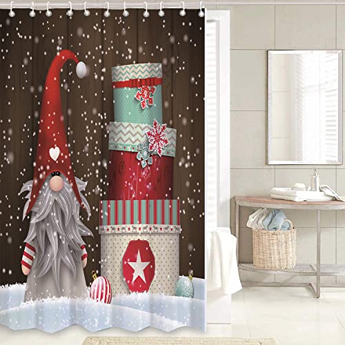 Stylish Christmas Shower Curtains for Bathroom, Christmas Cartoon Gnome Gift Bathroom Shower Curtain Set with Mat Rug 12 Hooks