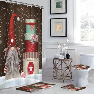 Stylish Christmas Shower Curtains for Bathroom, Christmas Cartoon Gnome Gift Bathroom Shower Curtain Set with Mat Rug 12 Hooks