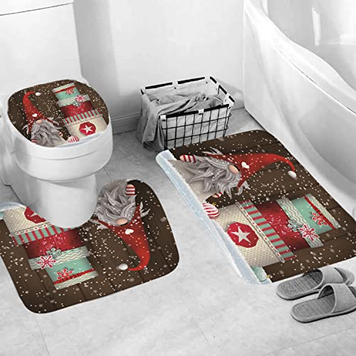 Stylish Christmas Shower Curtains for Bathroom, Christmas Cartoon Gnome Gift Bathroom Shower Curtain Set with Mat Rug 12 Hooks