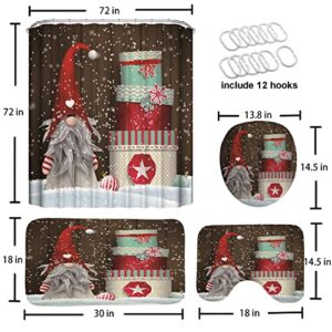 Stylish Christmas Shower Curtains for Bathroom, Christmas Cartoon Gnome Gift Bathroom Shower Curtain Set with Mat Rug 12 Hooks