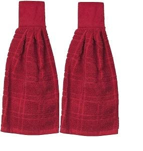 Kovot Set of 2 Cotton Hanging Tie Towels | Include (2) Hanging Towels That Latch with Hook & Loop (Red)