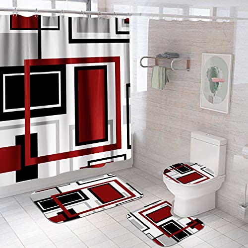 4 Pcs Red Geometric Shower Curtain Sets with Rugs, Non-Slip Bathroom Rugs Toilet Rug Bath Mat, Black and Gray Bathroom Decor Set Accessories, Waterproof Fabric Cloth Bath Curtain with 12 Hooks