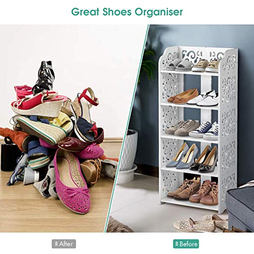 Estink Shoes Rack, White Wood Plastic Modern Space-Saving Display Shoe Tower, Free Standing Shoes Storage Organizer Closet Shelves Holder Container for Home Office, Max Support Hold 10 Pair (5 Tier)