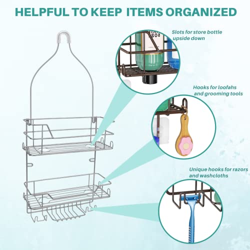 KeFanta Shower Caddy over Shower Head, Silver Hanging Shower Organizer, Shower Storage Rack with Hooks for Razor, Bathroom Shampoo Holder